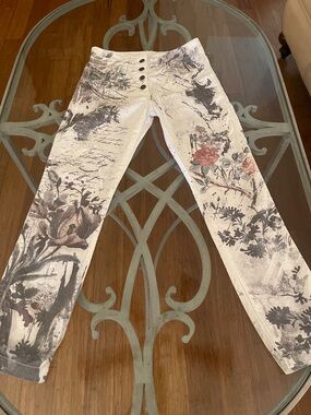 Italian Made White Floral Script Button-Fly Jeans